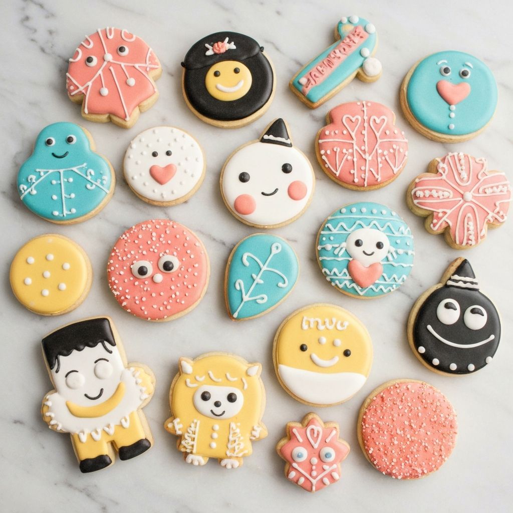 Artistically decorated sugar cookies with royal icing in various shapes