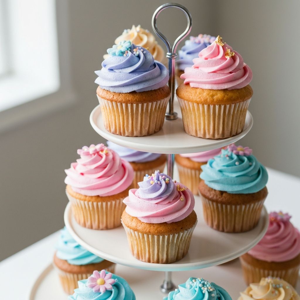 Decorated cupcakes with swirled frosting on a tiered display stand