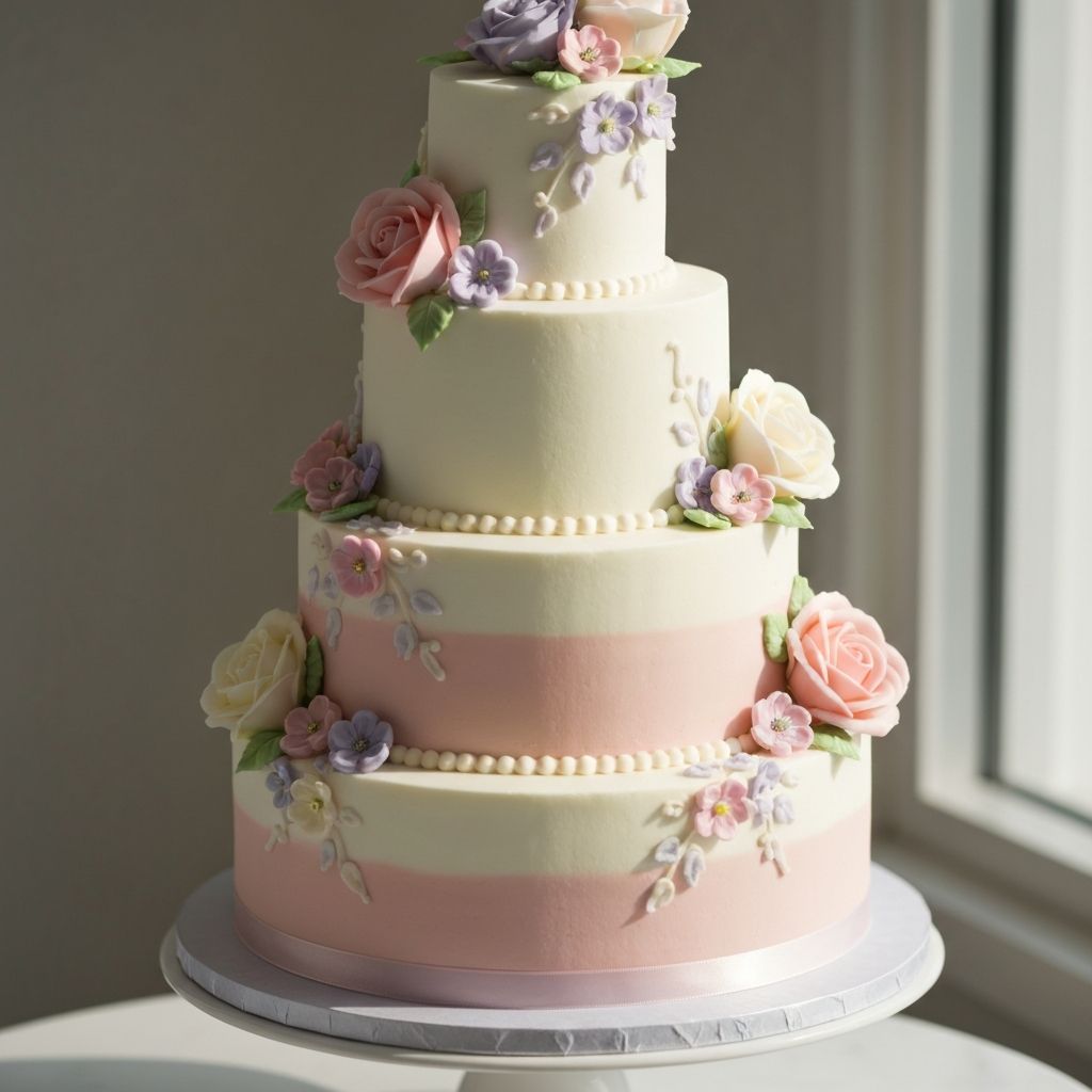 Elegant multi-tier custom celebration cake with floral decorations